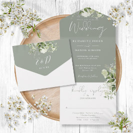 セージ緑植物緑モノグラム結婚ズ オールインワン招待状