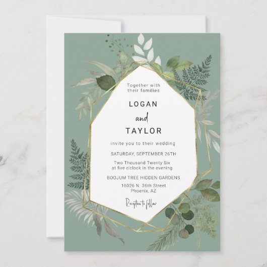 セージ緑植物緑金ゴールドフレームQRコード 招待状 (正面)