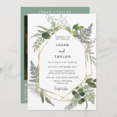 セージ緑植物緑金ゴールドフレームQRコード 招待状 (正面/裏面)