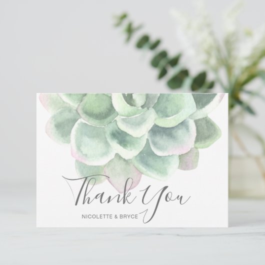 セージ緑水色植物多肉質結婚の サンキューカード (スタンド正面)