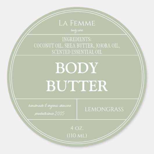 セージ緑白ミニマル化粧品ラベル ラウンドシール (正面)