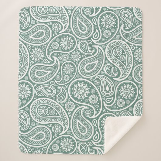 セージ緑白ヴィンテージペイズリーパターン シェルパブランケット (正面)