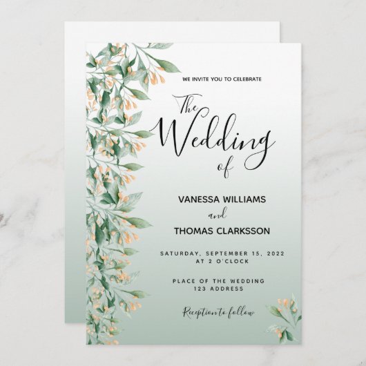 セージ緑結婚の花 招待状 (正面/裏面)