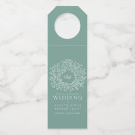 セージ緑色手描き葉モノグラム結婚アート ボトルネックタグ