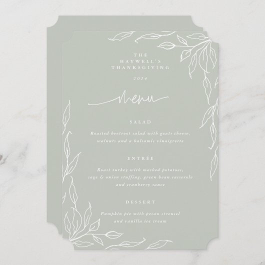 セージ緑葉のモチーフ感謝祭ディナー メニュー (正面/裏面)