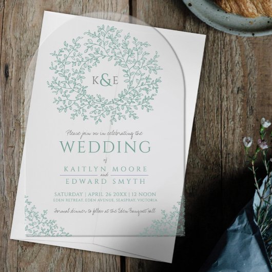 セージ緑葉モノグラムラインアート アクリル招待状