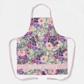 セージ緑葉色紫ピンク花キッチン エプロン (正面)