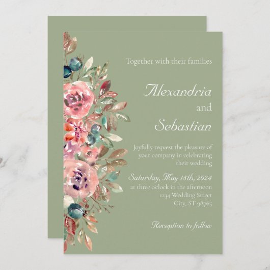 セージ緑赤面水彩フローラの葉結婚の色 招待状 (正面/裏面)