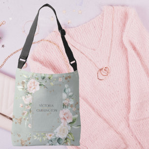 セージ緑金ゴールド水彩フローラ クロスボディバッグ