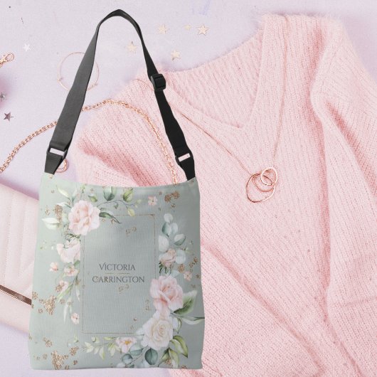 セージ緑金ゴールド水彩フローラ クロスボディバッグ