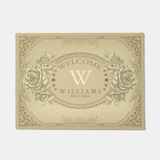 セージ緑*ベージュヴィンテージバラフローラ楕円フレーム ドアマット (正面)