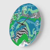 セージ緑、青、黒、白の抽象芸術流体 ラージ壁時計 (傾斜)