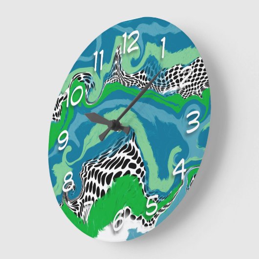 セージ緑、青、黒、白の抽象芸術流体 ラージ壁時計 (傾斜)