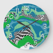 セージ緑、青、黒、白の抽象芸術流体 ラージ壁時計 (正面)
