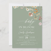 セージ緑QRコードワイルドフラワーベビーの開花 招待状 (正面)