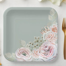 セージ繊細な水の色の花のパレピン誕生日 ペーパープレート