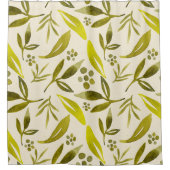 セージ色植物性イチジク葉の水色パターン シャワーカーテン (正面)