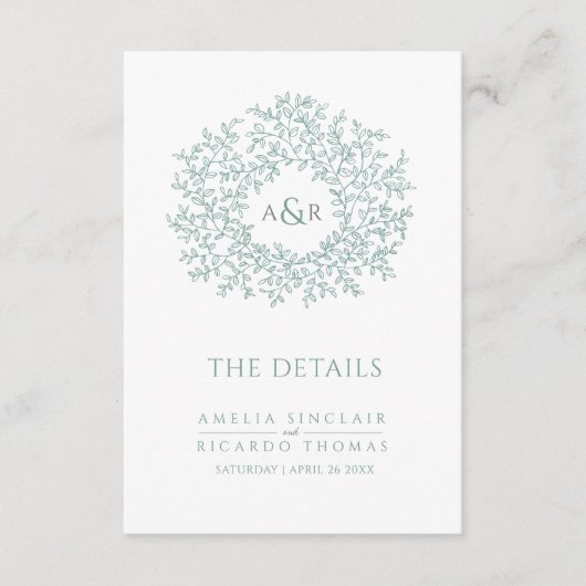 セージ葉グリーンの結婚詳細とQR エンクロージャーカード (正面)