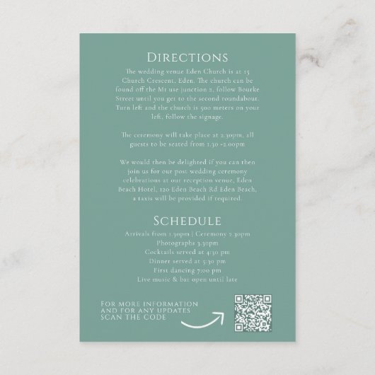 セージ葉グリーンの結婚詳細とQR エンクロージャーカード (裏面)