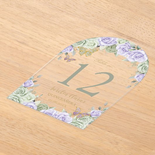 セージ薄紫フローラ金ゴールドキンセアニラ16テーブル番号 アクリル招待状 (レイダウン)