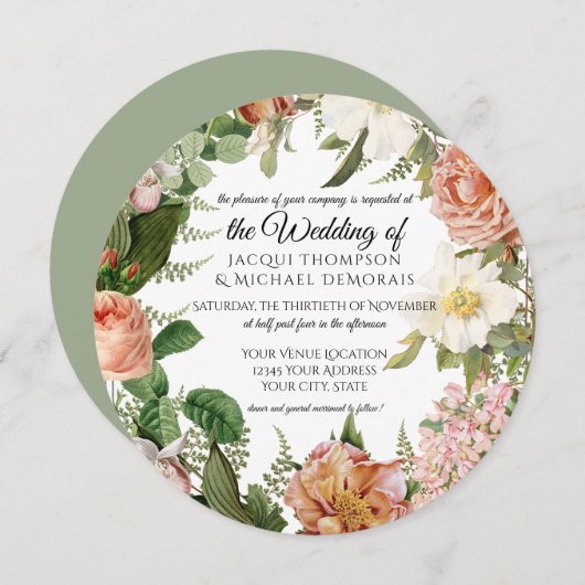 セージ赤面アイボリーヴィンテージ植物学フローラ結婚ズ 招待状 (正面/裏面)