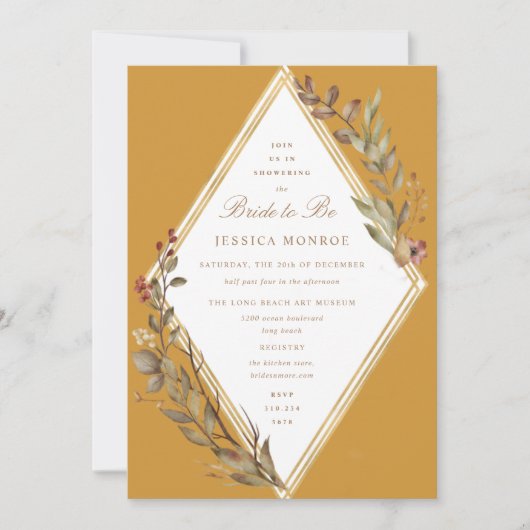 セージ金ゴールドダイヤモンド秋シーズンブライダルシャワーインビタ 招待状 (正面)