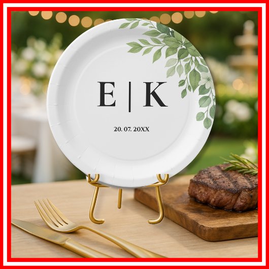 セージ離れグリーモノグラム結婚ズ ペーパープレート