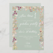 セージ1歳の誕生日パーティーワイルドフラワーガーデンパーティー 招待状 (正面/裏面)