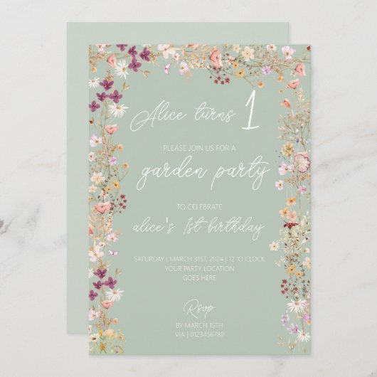 セージ1歳の誕生日パーティーワイルドフラワーガーデンパーティー 招待状 (正面/裏面)