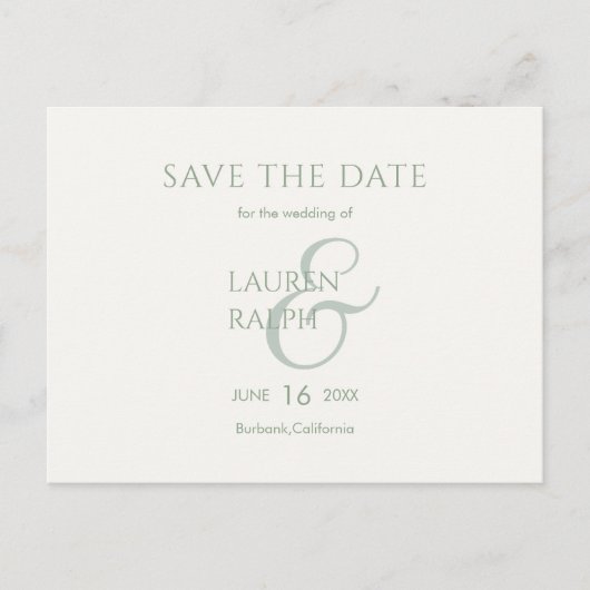 セージ&アイボリースクリプト結婚式の日付を保存 案内ポストカード (正面)