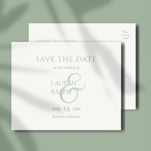 セージ&アイボリースクリプト結婚式の日付を保存 案内ポストカード