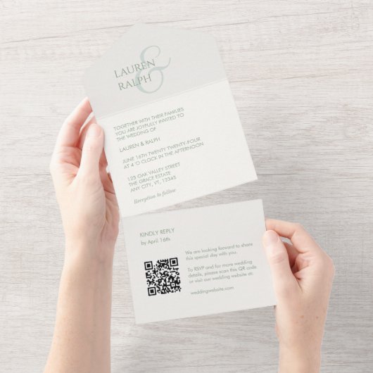 セージ&アイボリーモノグラムQRすべて1つの結婚式の招待 オールインワン招待状 (貼ってはがせる)