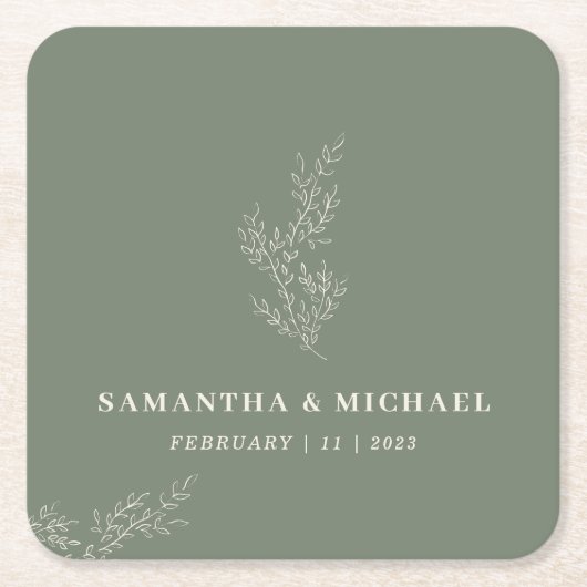 セージ アイボリー アイビー フラワーボヘミア ウェディング スクエアペーパーコースター (正面)