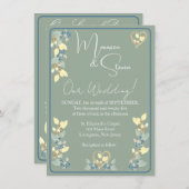 セージ、イエロー、ブルーヒューズのフローラ結婚 招待状 (正面/裏面)