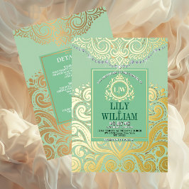 セージ エレガント アールデコ ダイヤモンド モノグラム ウェディング ゴールド 箔招待状