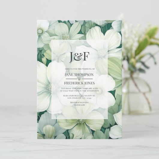 セージ・グリーンとホワイトフローラ結婚・モノグラム 招待状 (スタンド正面)