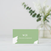 セージ・グリーンとホワイト・抽象芸術ユニーク・ビジネス・カード 名刺 (スタンド正面)