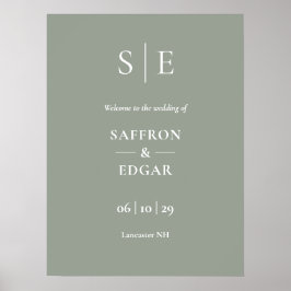 セージ・グリーンと金ゴールド・モノグラム結婚の歓迎サイン ポスター