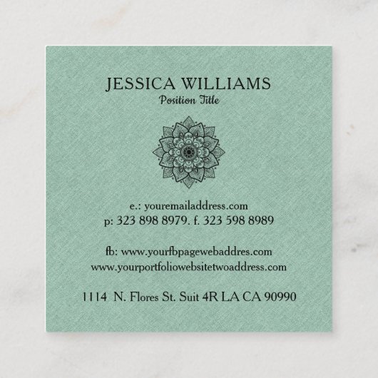 セージ – グリーンフェイクリネン&ブラックマンダラ スクエア名刺 (裏面)