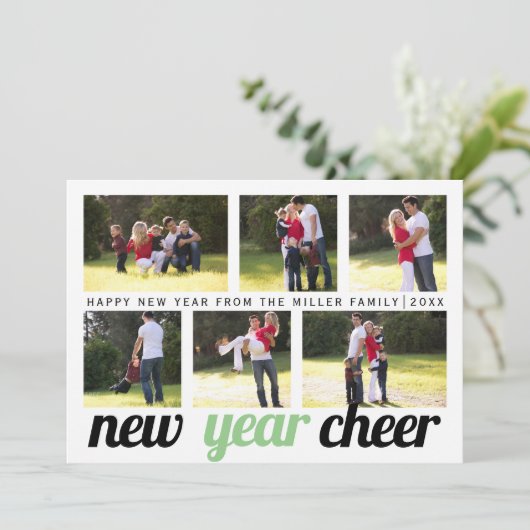 セージ、グリーンブラック新年応援6枚の写真コラージュ シーズンカード (スタンド正面)