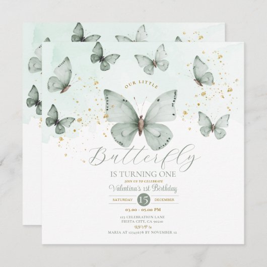 セージ・グリーン我々の小さな蝶は1回を回している 招待状 (正面/裏面)
