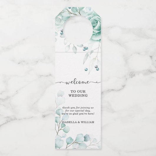 セージ・グリーン結婚フローラパーソナライズされた ボトルネックタグ (正面)