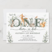 セージ・グリーン・ウッドランド一年生の少年 招待状 (正面)