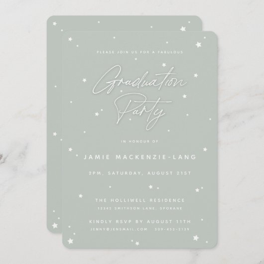 セージ・グリーン・スクリプト&スター卒業パーティー 招待状 (正面/裏面)
