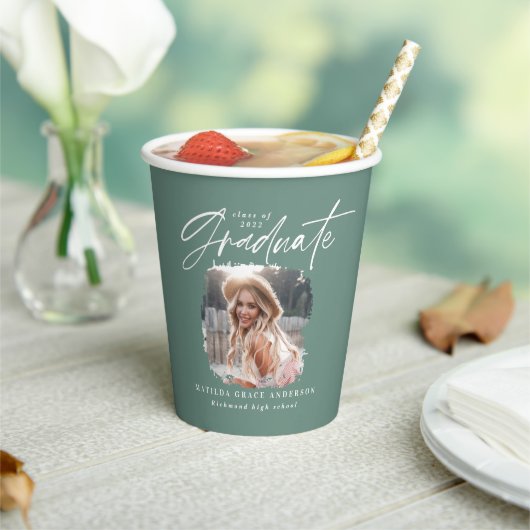 セージ・グリーン・スクリプト・フォト・エレガント卒業 紙コップ (インサイチュ)