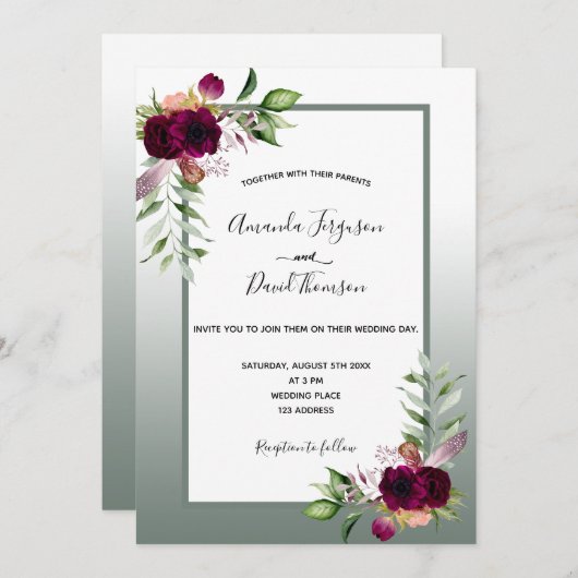 セージ・グリーン・ブルゴーニュ・ボゴ花模様結婚ズ 招待状 (正面/裏面)