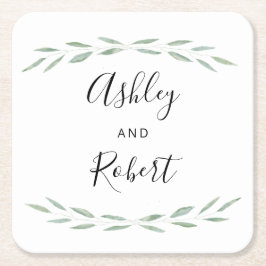 セージ・グリーン・ボタニカル・コースター結婚ズ スクエアペーパーコースター