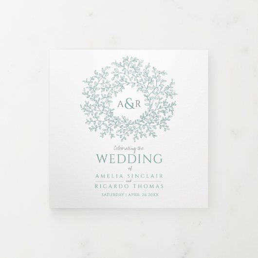 セージ・グリーン・モノグラム結婚美術物語献身的な 三つ折りプログラム (カバー)