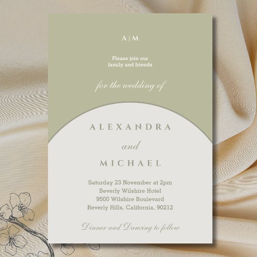 セージ・グリーン・モノグラム・ミニマリスト結婚ジャパンディ 招待状