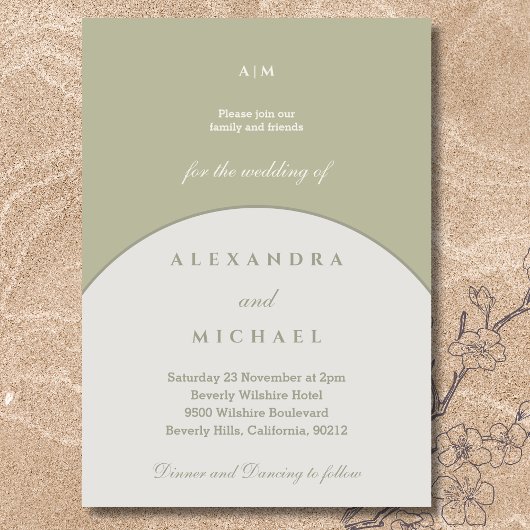 セージ・グリーン・モノグラム・ミニマリスト結婚ジャパンディ 招待状